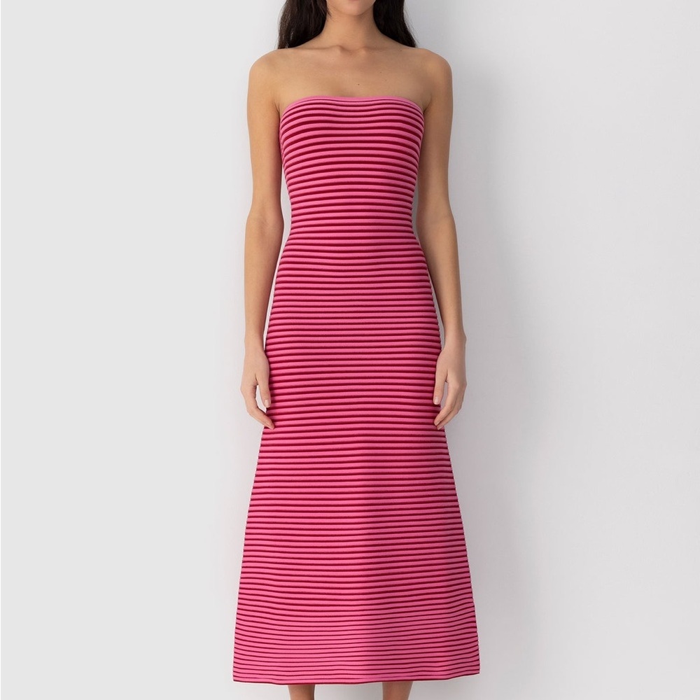 Strapless Pink Striped Midi Dress
